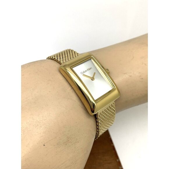 Calvin Klein Women's Watch Silver Dial Quartz Gold Mesh Steel Band Tank … - Picture 5 of 13